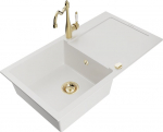 Granitinė virtuvinė plautuvė Mexen Leo su mai&scaron;ytuvu ir sifonu, White+Gold