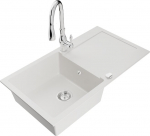 Granitinė virtuvinė plautuvė Mexen Leo su mai&scaron;ytuvu ir sifonu, White+Chrome