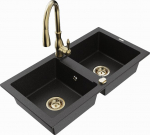 Granitinė virtuvinė plautuvė Mexen Mario su mai&scaron;ytuvu ir sifonu, Metallic black/silver+Gold