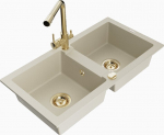 Granitinė virtuvinė plautuvė Mexen Mario su mai&scaron;ytuvu ir sifonu, Beige+Gold