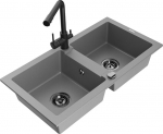 Granitinė virtuvinė plautuvė Mexen Mario su mai&scaron;ytuvu ir sifonu, Grey+Black