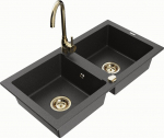 Granitinė virtuvinė plautuvė Mexen Mario su mai&scaron;ytuvu ir sifonu, Black granite+Gold