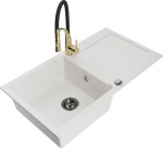 Granitinė virtuvinė plautuvė Mexen Leo su mai&scaron;ytuvu ir sifonu, White+Black/Gold