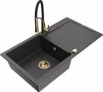 Granitinė virtuvinė plautuvė Mexen Leo su mai&scaron;ytuvu ir sifonu, Black granite+Black/Gold
