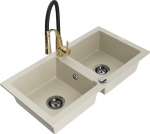 Granitinė virtuvinė plautuvė Mexen Mario su mai&scaron;ytuvu ir sifonu, Beige+Black/Gold