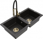 Granitinė virtuvinė plautuvė Mexen Mario su mai&scaron;ytuvu ir sifonu, Metallic black/silver+Black/Gold