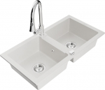 Granitinė virtuvinė plautuvė Mexen Mario su mai&scaron;ytuvu ir sifonu, White+Chrome