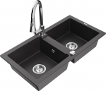 Granitinė virtuvinė plautuvė Mexen Mario su mai&scaron;ytuvu ir sifonu, Black granite+Chrome