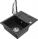 Granitinė virtuvinė plautuvė Mexen Enzo su mai&scaron;ytuvu ir sifonu, Metallic black/silver+Chrome