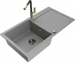 Granitinė virtuvinė plautuvė Mexen Leo su mai&scaron;ytuvu ir sifonu, Grey+Black/Gold