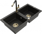 Granitinė virtuvinė plautuvė Mexen Mario su mai&scaron;ytuvu ir sifonu, Metallic black/gold+Black/Gold
