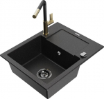 Granitinė virtuvinė plautuvė Mexen Enzo su mai&scaron;ytuvu ir sifonu, Metallic black/silver+Black/Gold