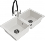 Granitinė virtuvinė plautuvė Mexen Mario su mai&scaron;ytuvu ir sifonu, White+Black/Chrome