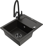 Granitinė virtuvinė plautuvė Mexen Enzo su mai&scaron;ytuvu ir sifonu, Metallic black/gold+Black