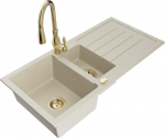 Granitinė virtuvinė plautuvė Mexen Andres su mai&scaron;ytuvu ir sifonu, Beige+Gold