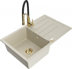 Granitinė virtuvinė plautuvė Mexen Bruno su mai&scaron;ytuvu ir sifonu, Beige+Black/Gold