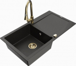 Granitinė virtuvinė plautuvė Mexen Leo su mai&scaron;ytuvu ir sifonu, Metallic black/gold+Gold