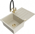 Granitinė virtuvinė plautuvė Mexen Bruno su mai&scaron;ytuvu ir sifonu, Beige+Black/Gold