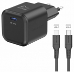 Swissten tinklo adapteris GaN 1x USB-C 35W Power Delivery duomenų laidas USB-C/USB-C 1.2m juodas