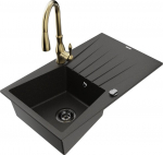 Granitinė virtuvinė plautuvė Mexen Cesar su mai&scaron;ytuvu ir sifonu, Metallic black/Gold