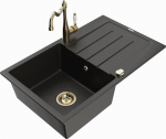Granitinė virtuvinė plautuvė Mexen Bruno su mai&scaron;ytuvu ir sifonu, Metallic black/gold/chrome