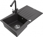 Granitinė virtuvinė plautuvė Mexen Cesar su mai&scaron;ytuvu ir sifonu, Black granite