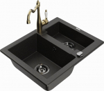 Granitinė virtuvinė plautuvė Mexen Carlos su mai&scaron;ytuvu ir sifonu, Metallic black/gold+Gold