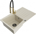 Granitinė virtuvinė plautuvė Mexen Cesar su mai&scaron;ytuvu ir sifonu, Beige/Black/Gold