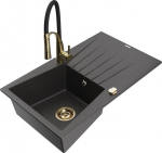 Granitinė virtuvinė plautuvė Mexen Cesar su mai&scaron;ytuvu ir sifonu, Black granite/Black/Gold