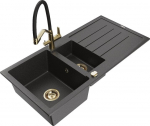 Granitinė virtuvinė plautuvė Mexen Andres su mai&scaron;ytuvu ir sifonu, Black granite/Black/Gold