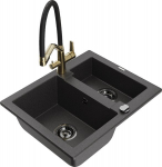 Granitinė virtuvinė plautuvė Mexen Carlos su mai&scaron;ytuvu ir sifonu, Black granite+Black/Gold