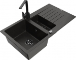 Granitinė virtuvinė plautuvė Mexen Matias su mai&scaron;ytuvu ir sifonu, Metallic black/gold/black