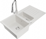 Granitinė virtuvinė plautuvė Mexen Matias su mai&scaron;ytuvu ir sifonu, White/Chrome