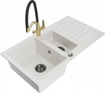 Granitinė virtuvinė plautuvė Mexen Matias su mai&scaron;ytuvu ir sifonu, White/Black/Gold