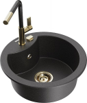 Granitinė virtuvinė plautuvė Mexen Diego su mai&scaron;ytuvu ir sifonu, Black granite/Gold