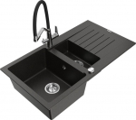 Granitinė virtuvinė plautuvė Mexen Matias su mai&scaron;ytuvu ir sifonu, Metallic black/Gold/Black/Chrome