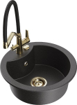 Granitinė virtuvinė plautuvė Mexen Diego su mai&scaron;ytuvu ir sifonu, Black granite/Black/Gold