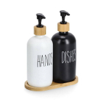 Skysčių ir muilo dozatorių rinkinys su bambukiniu stovu, 2 x 500 ml
