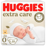 Huggies Extra Care sauskelnės su segtukais, 0 dydis (<3,5kg), 25 vnt.