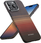 Pitaka dėklas, skirtas iphone 16 pro, itin plonas mobiliojo telefono dėklas, pagamintas i&scaron; aramidinio pluo&scaron;to, suderinamas su magsafe magnetiniu apsauginiu dėklu, tekstūruotas austas dėklas su patogiu sukibimu ir fusion weaving sunset