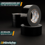 Hinrichs Duct Tape juoda - 4 ritinėliai 50 m x 50 mm audinio juosta - ypač stipri lipni juosta - vandeniui atspari Duct Tape juosta - plati audinio juosta juoda - Power Duct Tape juosta, skirta naudoti patalpose ir lauke
