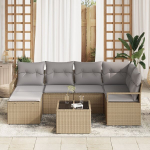 7 dalių Sodo Sofa Rinkinys su Pagalvėmis Juodas Poli Ratanas,2 vietų Sodo Sofa su Pagalvėmis Smėlio Poli Ratanas