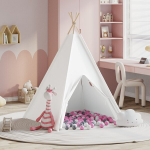 vaikų tipi palapinė su krep&scaron;iu ir žaidimų kamuoliukais, balta, pilka, rožinė