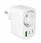 Ładowarka Puro 30W Power Delivery z wtyczką i gniazdem Schuko 2x USB-C + 1x USB-A - biała