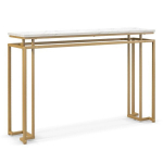 Costway 120 cm konsolinis stalas su dirbtinio marmuro stalvir&scaron;iu ir geometriniu metaliniu rėmu auksinis prie&scaron;kambario stalas
