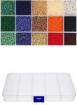 Stiklinių apvalių karoliukų (biserio) 12/0 RainBow&reg; 15 spalvų po 10 g rinkinys su dėžute, tamsus
