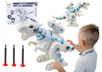 Baltas dinozauro robotas su strėlių paleidikliu