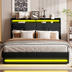 Lova 140 &times; 200 cm, dvigulė lova su LED ap&scaron;vietimu, juoda, PU