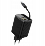 Dudao sieninis įkroviklis A67EU GaN 67W su integruotu įtraukiamu USB-C Power Delivery Quick Charge laidu - juodas