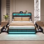 Lova 160 &times; 200 cm, su LED ap&scaron;vietimu ir USB jungtimi, keturiais stalčiais, dvigulė lova, pilka, aksominis audinys.